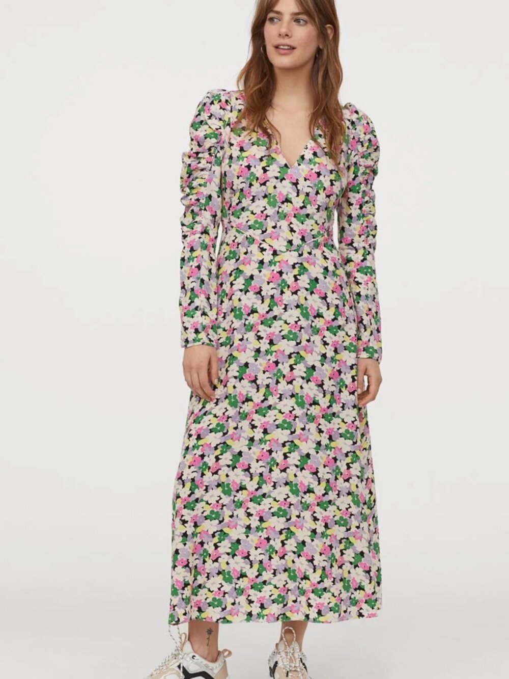 Romantic Cottagecore Floral Puff Sleeve Maxi Dress V-Neck Long Sleeves Size M